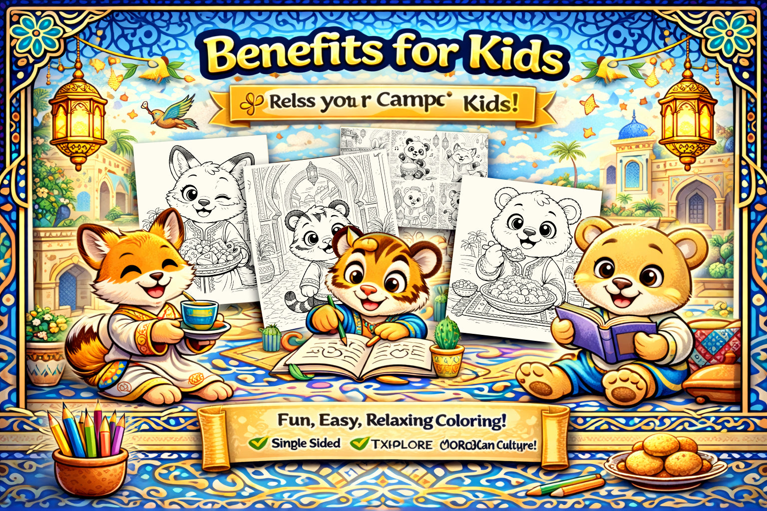 Cute Animal Coloring Pages Vol 3 for Kids Ages 4-8 | Moroccan Fun Coloring Book | 30 Easy Pages | Printable PDF