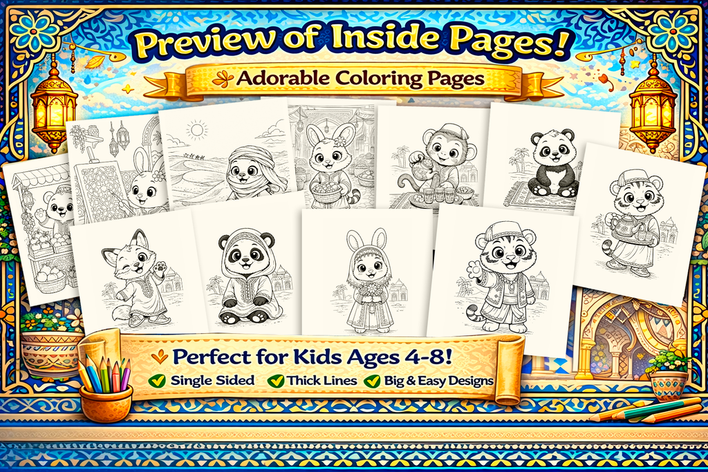Cute Animal Coloring Pages Vol 3 for Kids Ages 4-8 | Moroccan Fun Coloring Book | 30 Easy Pages | Printable PDF