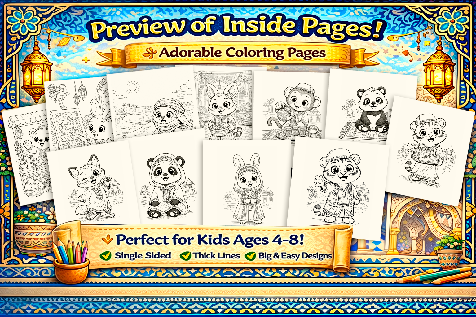 Cute Animal Coloring Pages Vol 3 for Kids Ages 4-8 | Moroccan Fun Coloring Book | 30 Easy Pages | Printable PDF