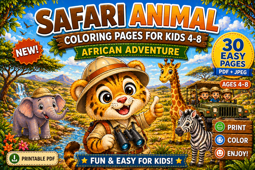 Safari Animal Coloring Pages for Kids | African Adventure Printable Coloring Book | 30 Easy PDF Pages