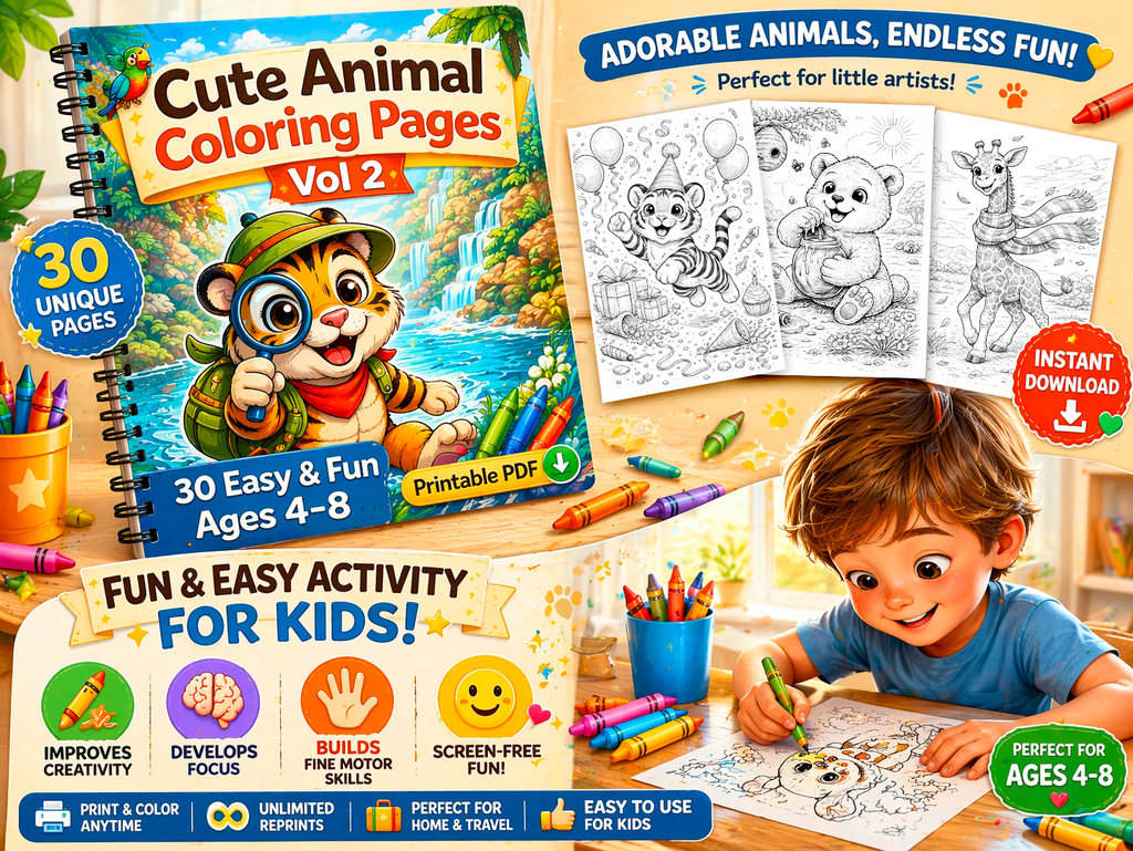 Cute Animal Coloring Pages Vol 2 for Kids Ages 4-8 | 30 Fun & Easy Pages | Printable PDF