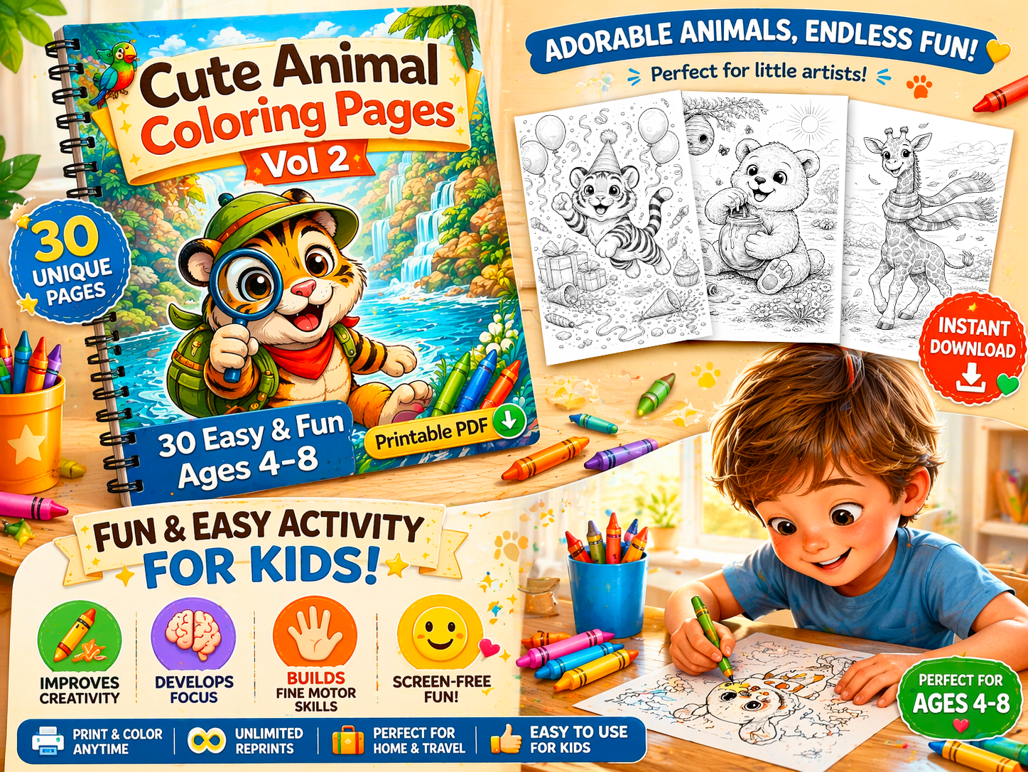 Cute Animal Coloring Pages Vol 2 for Kids Ages 4-8 | 30 Fun & Easy Pages | Printable PDF