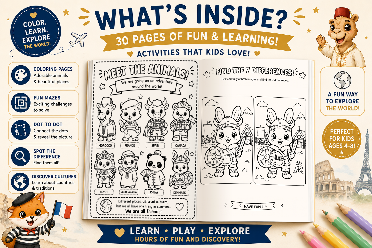 Cute Animals Around the World Coloring Book for Kids Ages 4-8 | Fun Travel & Activity Book