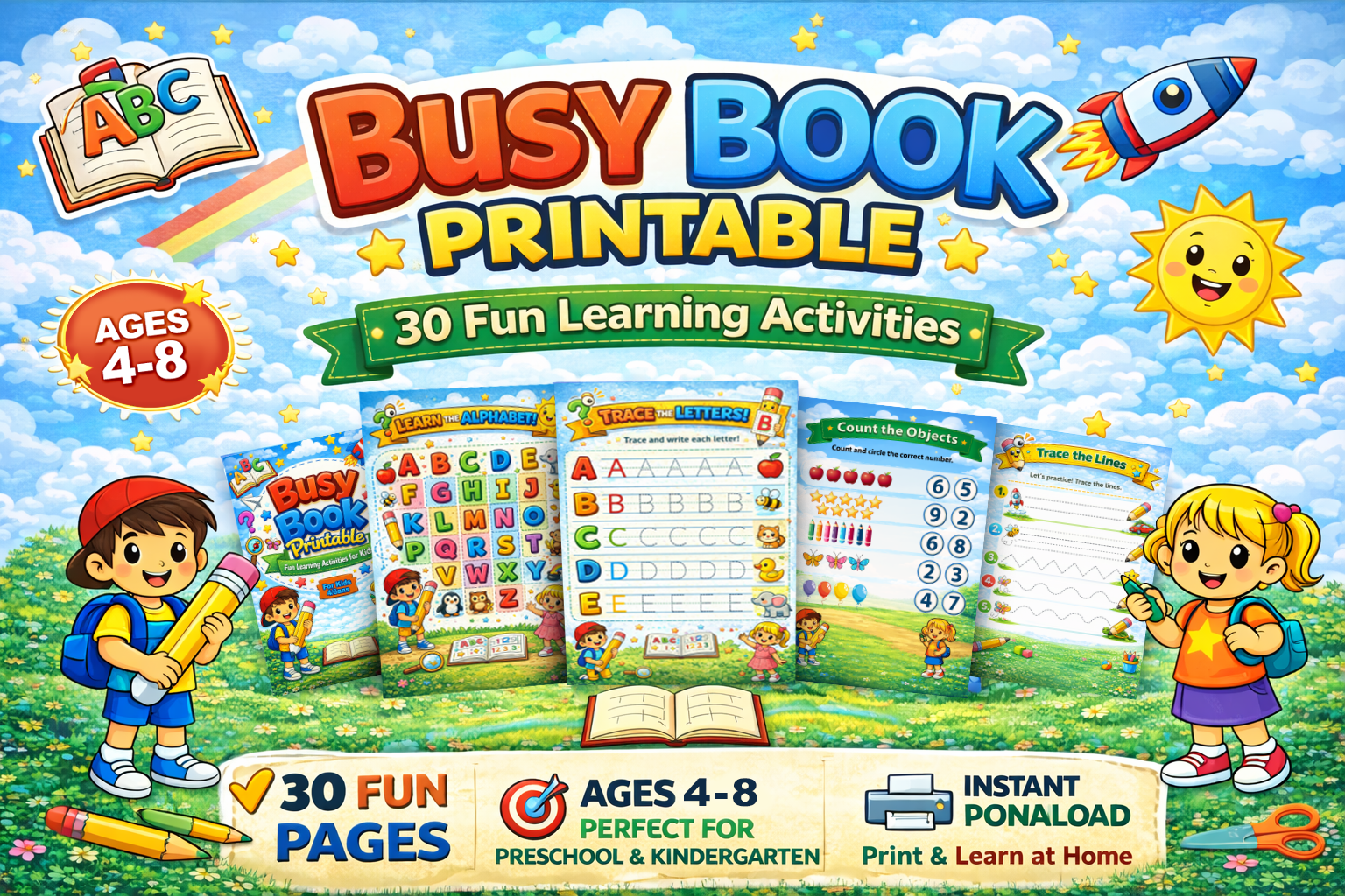 Busy Book Printable for Kids Ages 4-8 | 30 Activity Pages PDF