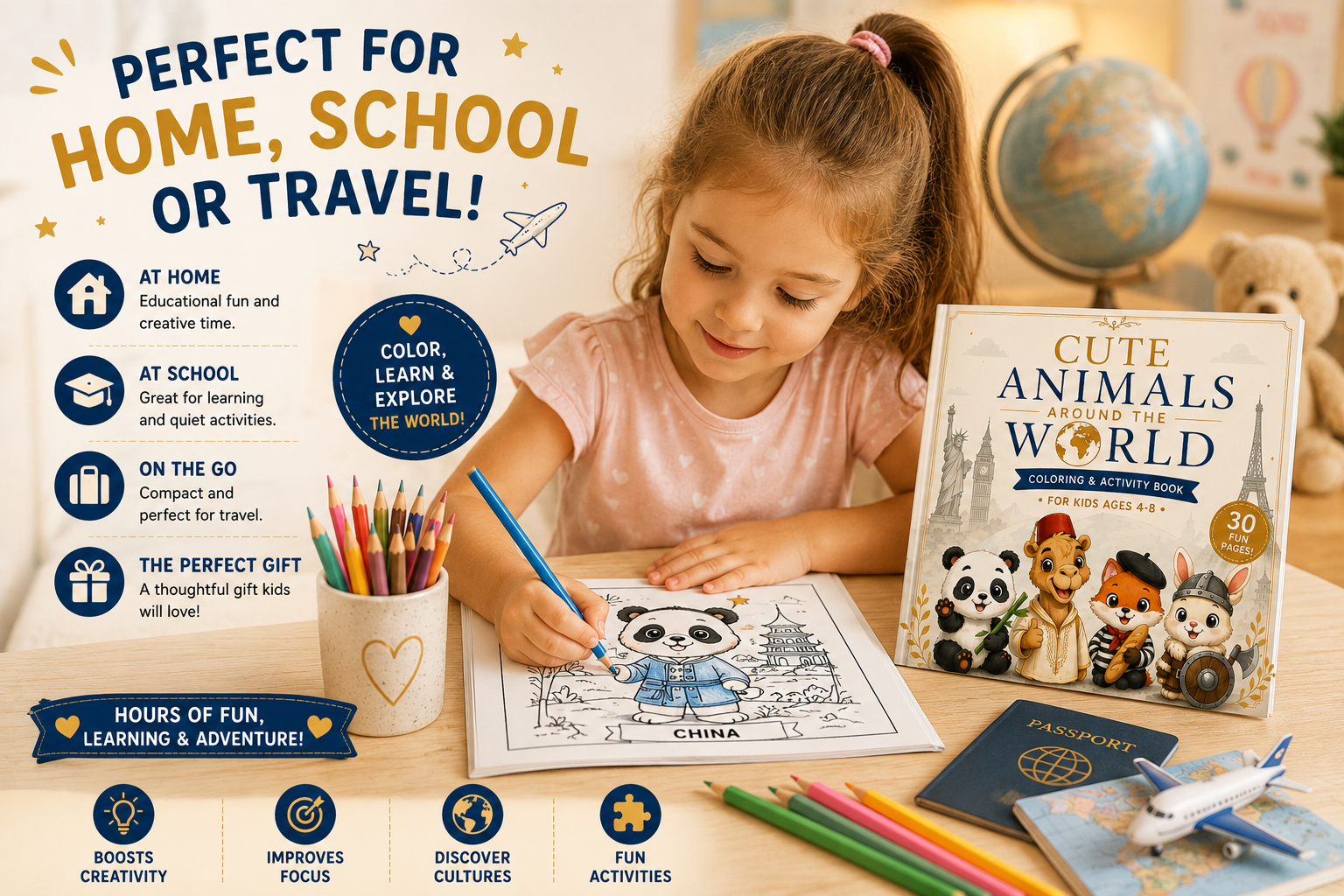 Cute Animals Around the World Coloring Book for Kids Ages 4-8 | Fun Travel & Activity Book