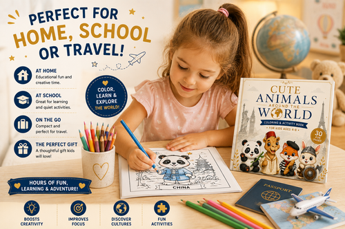 Cute Animals Around the World Coloring Book for Kids Ages 4-8 | Fun Travel & Activity Book