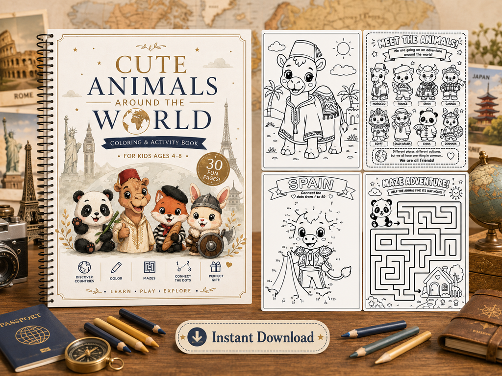 Cute Animals Around the World Coloring Book for Kids Ages 4-8 | Fun Travel & Activity Book