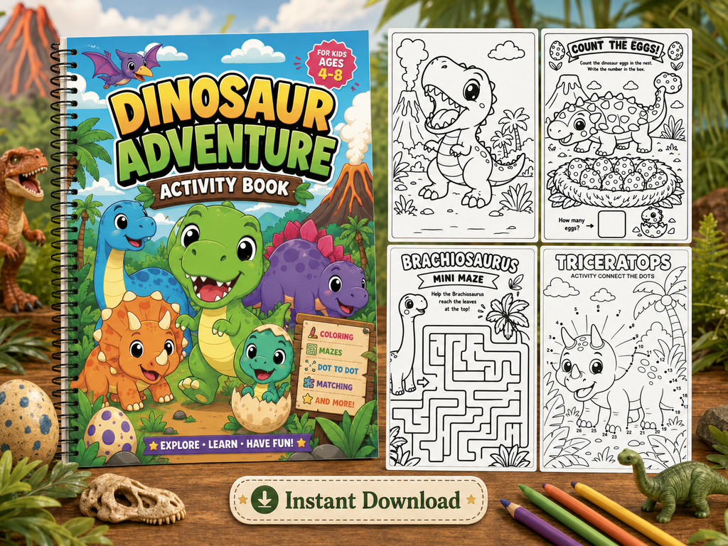 Dinosaur Coloring & Activity Book for Kids Ages 4-8 | 30 Printable Dino Games, Mazes, Tracing & Coloring Pages | Educational PDF