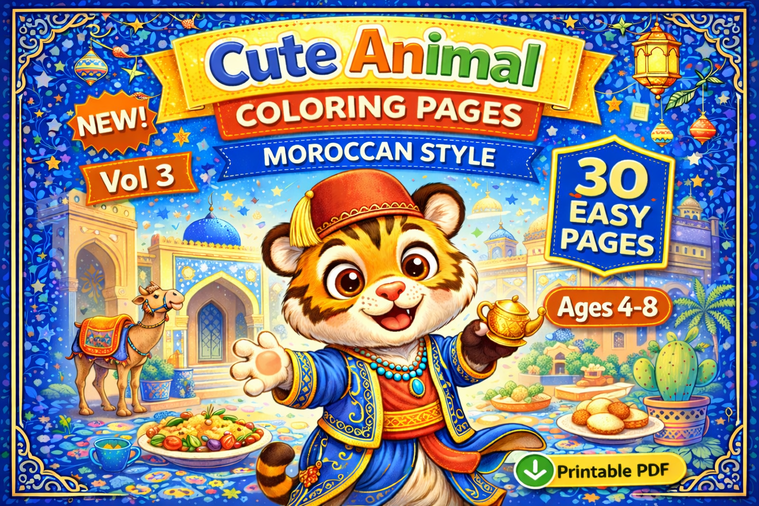 Cute Animal Coloring Pages Vol 3 for Kids Ages 4-8 | Moroccan Fun Coloring Book | 30 Easy Pages | Printable PDF