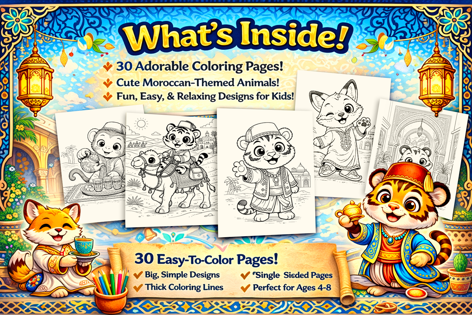 Cute Animal Coloring Pages Vol 3 for Kids Ages 4-8 | Moroccan Fun Coloring Book | 30 Easy Pages | Printable PDF