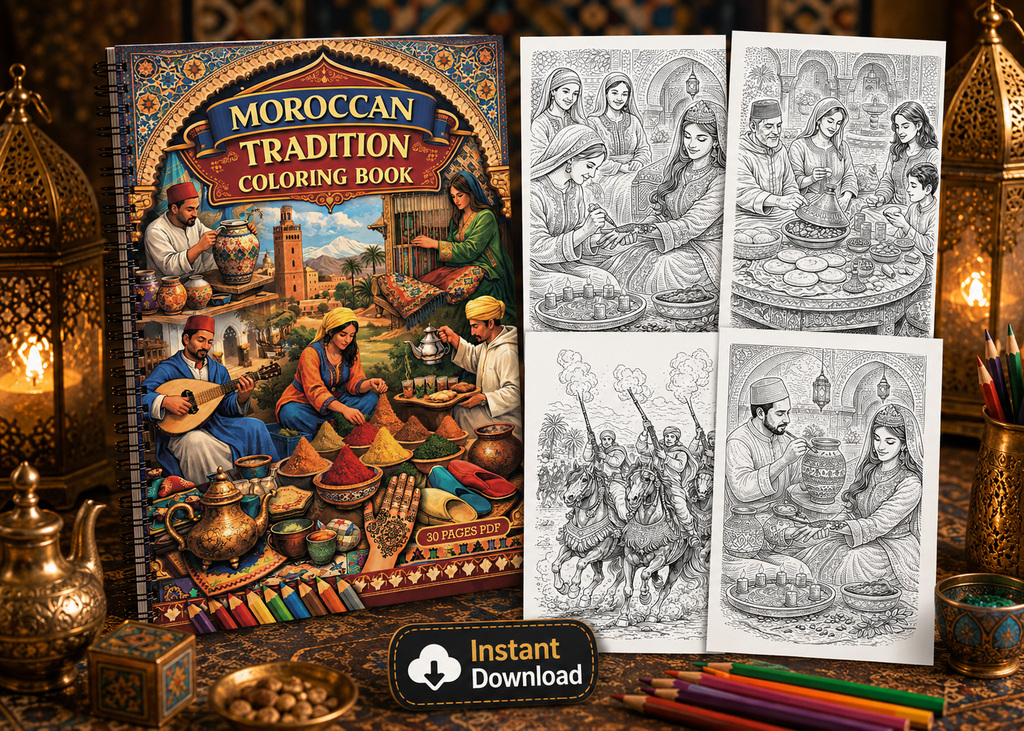 Moroccan Tradition Adult Coloring Book | 30 Printable Coloring Pages | Digital PDF Coloring Book
