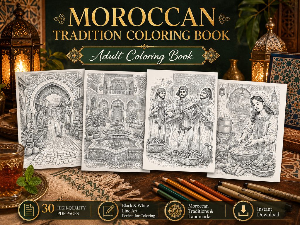 Moroccan Tradition Adult Coloring Book | 30 Printable Coloring Pages | Digital PDF Coloring Book