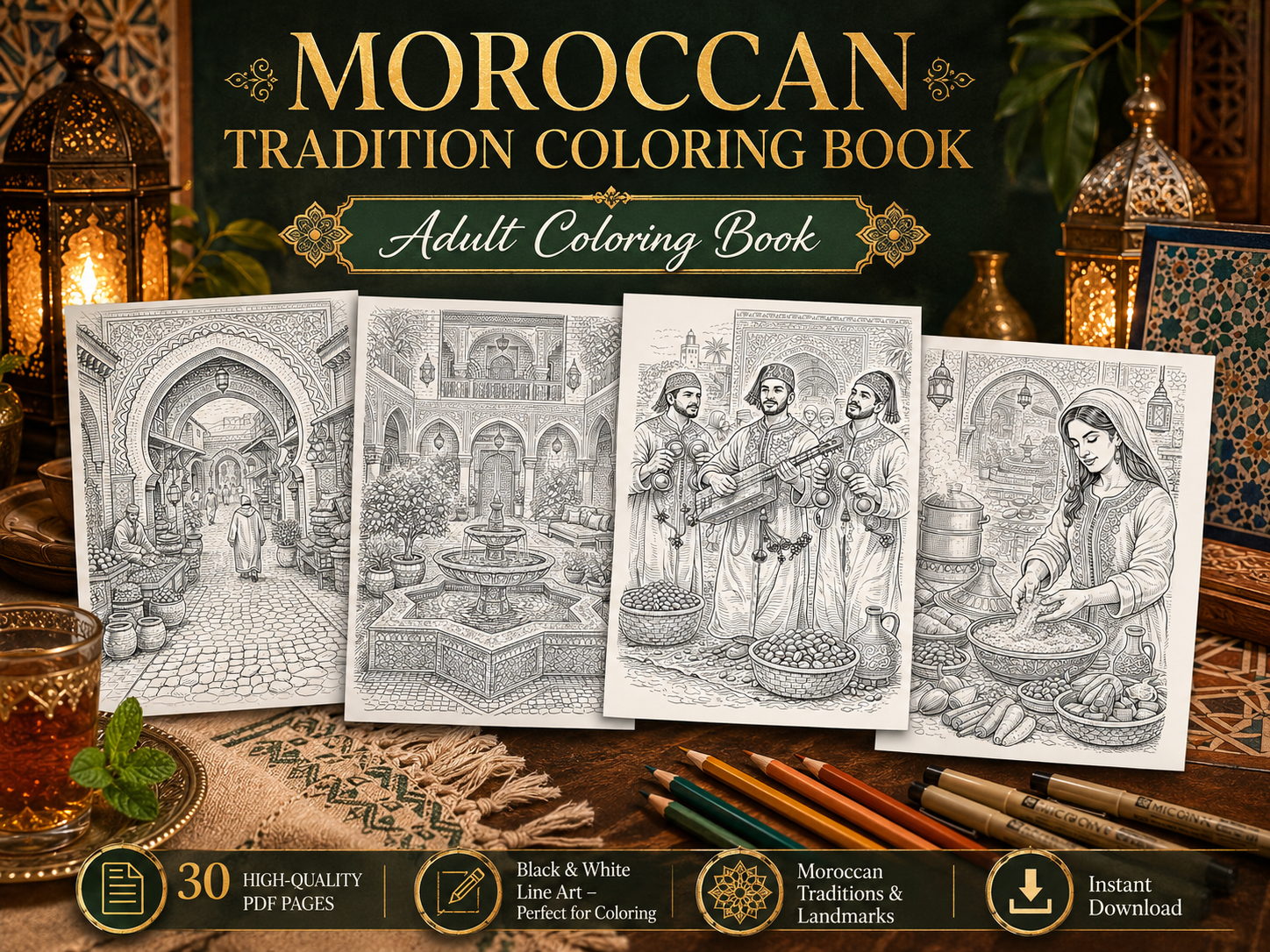 Moroccan Tradition Adult Coloring Book | 30 Printable Coloring Pages | Digital PDF Coloring Book
