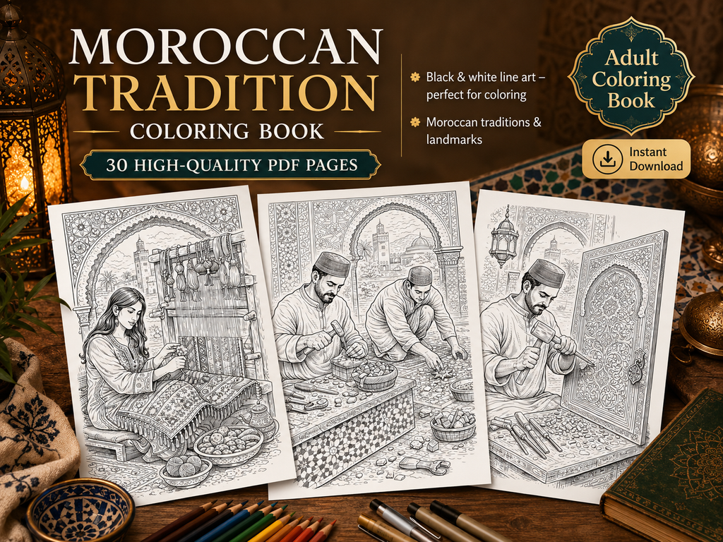 Moroccan Tradition Adult Coloring Book | 30 Printable Coloring Pages | Digital PDF Coloring Book