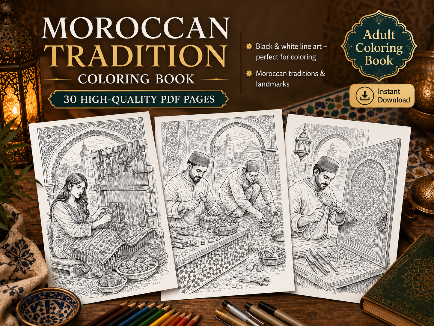 Moroccan Tradition Adult Coloring Book | 30 Printable Coloring Pages | Digital PDF Coloring Book