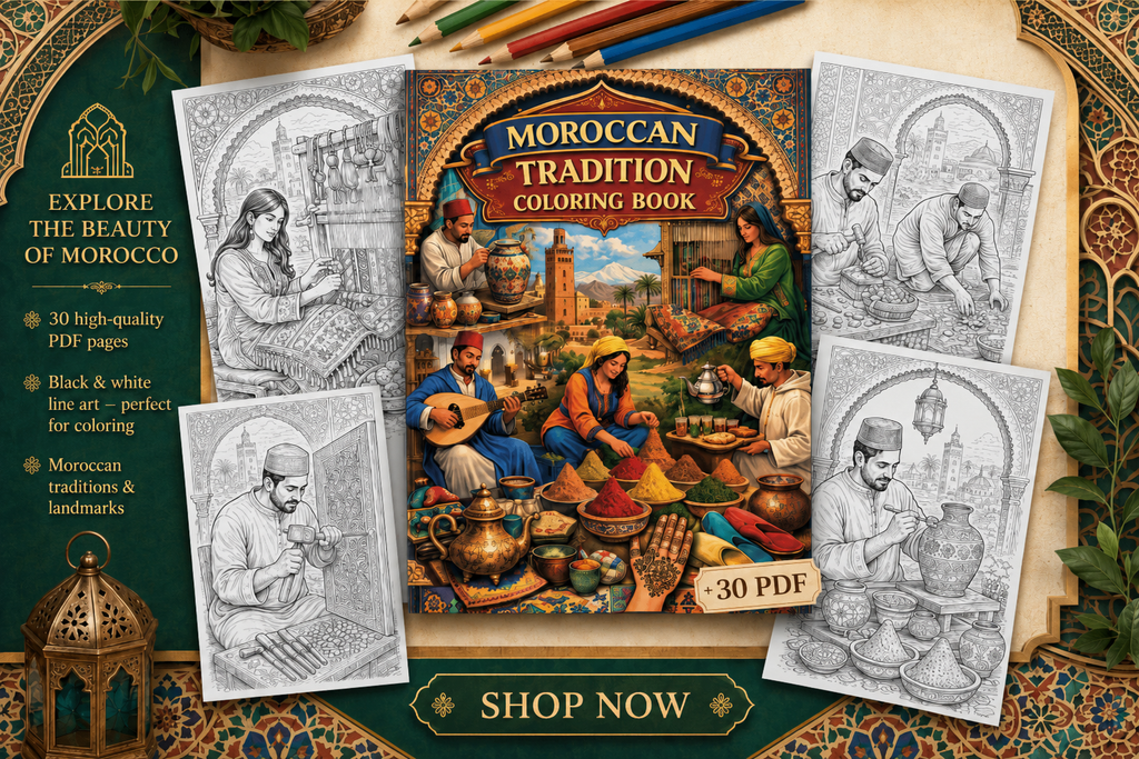Moroccan Tradition Adult Coloring Book | 30 Printable Coloring Pages | Digital PDF Coloring Book