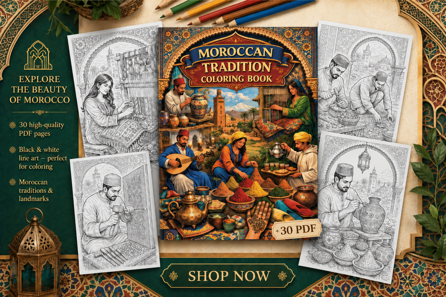 Moroccan Tradition Adult Coloring Book | 30 Printable Coloring Pages | Digital PDF Coloring Book