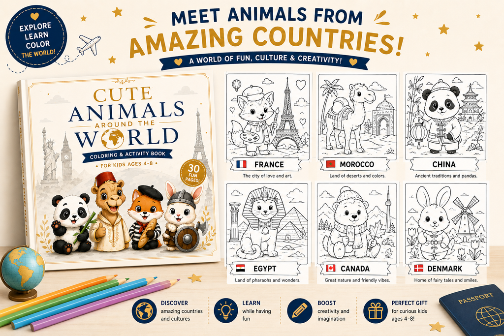 Cute Animals Around the World Coloring Book for Kids Ages 4-8 | Fun Travel & Activity Book