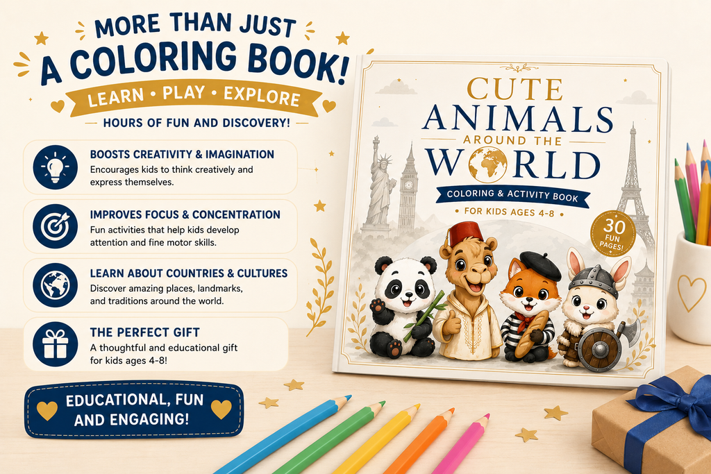 Cute Animals Around the World Coloring Book for Kids Ages 4-8 | Fun Travel & Activity Book
