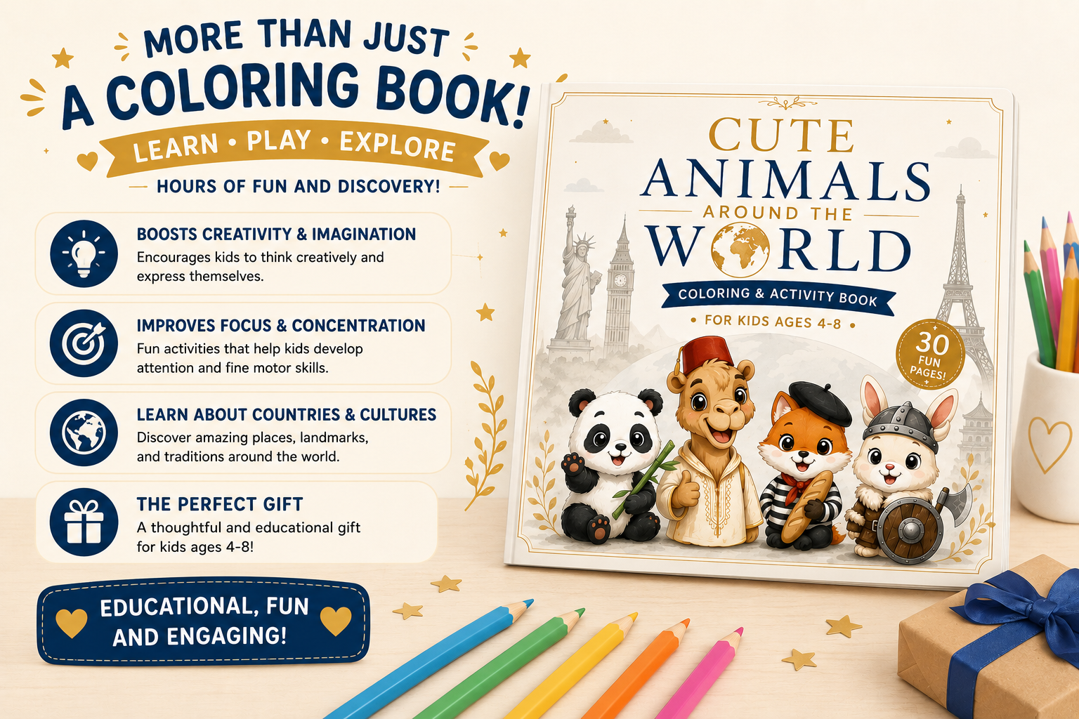 Cute Animals Around the World Coloring Book for Kids Ages 4-8 | Fun Travel & Activity Book