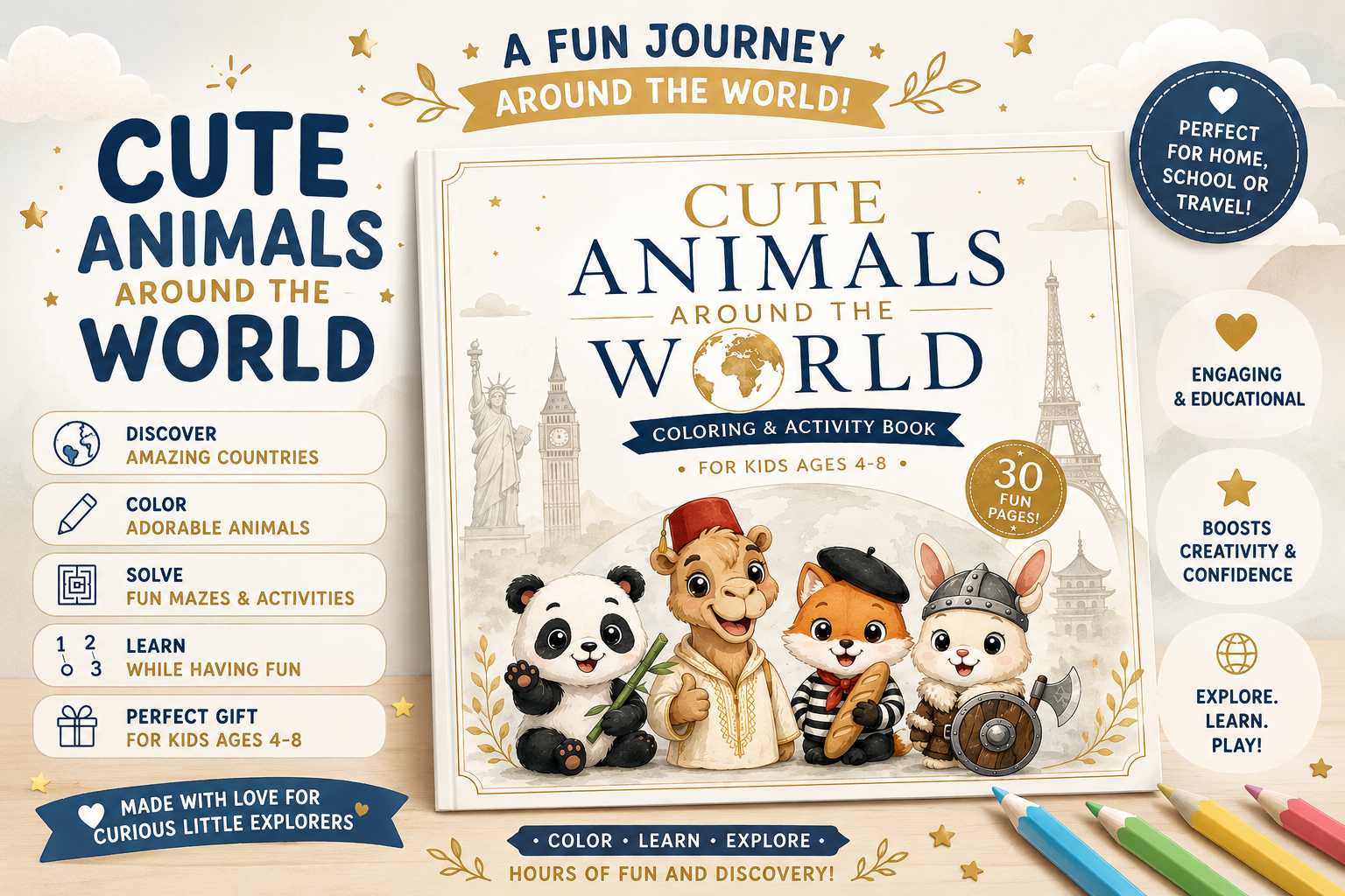 Cute Animals Around the World Coloring Book for Kids Ages 4-8 | Fun Travel & Activity Book