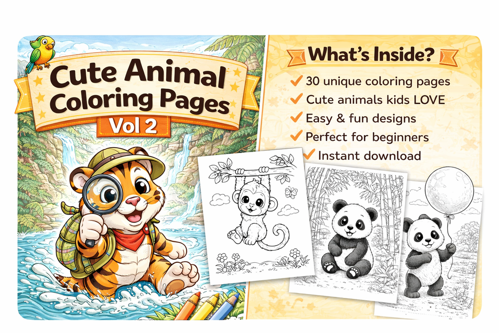 Cute Animal Coloring Pages Vol 2 for Kids Ages 4-8 | 30 Fun & Easy Pages | Printable PDF