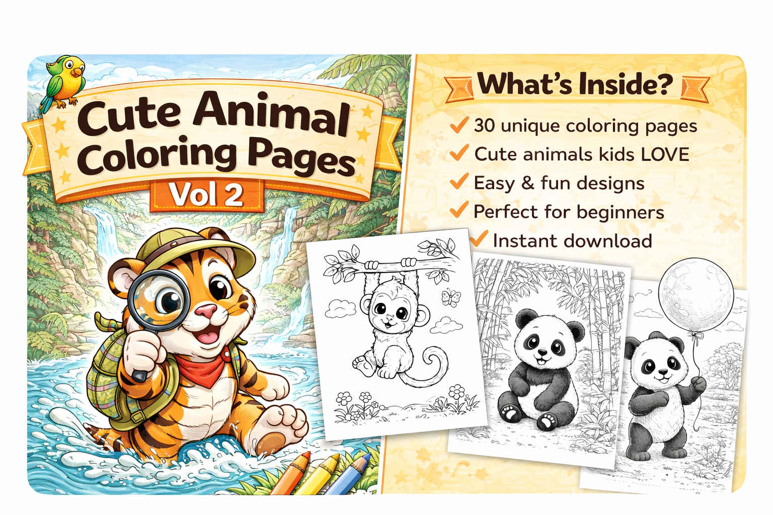 Cute Animal Coloring Pages Vol 2 for Kids Ages 4-8 | 30 Fun & Easy Pages | Printable PDF