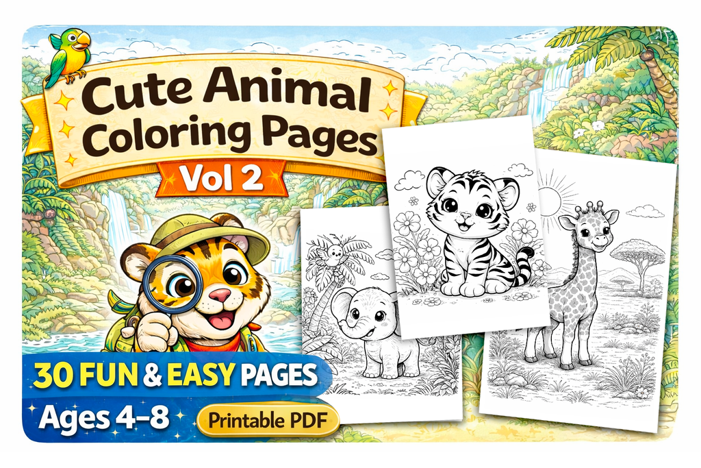 Cute Animal Coloring Pages Vol 2 for Kids Ages 4-8 | 30 Fun & Easy Pages | Printable PDF