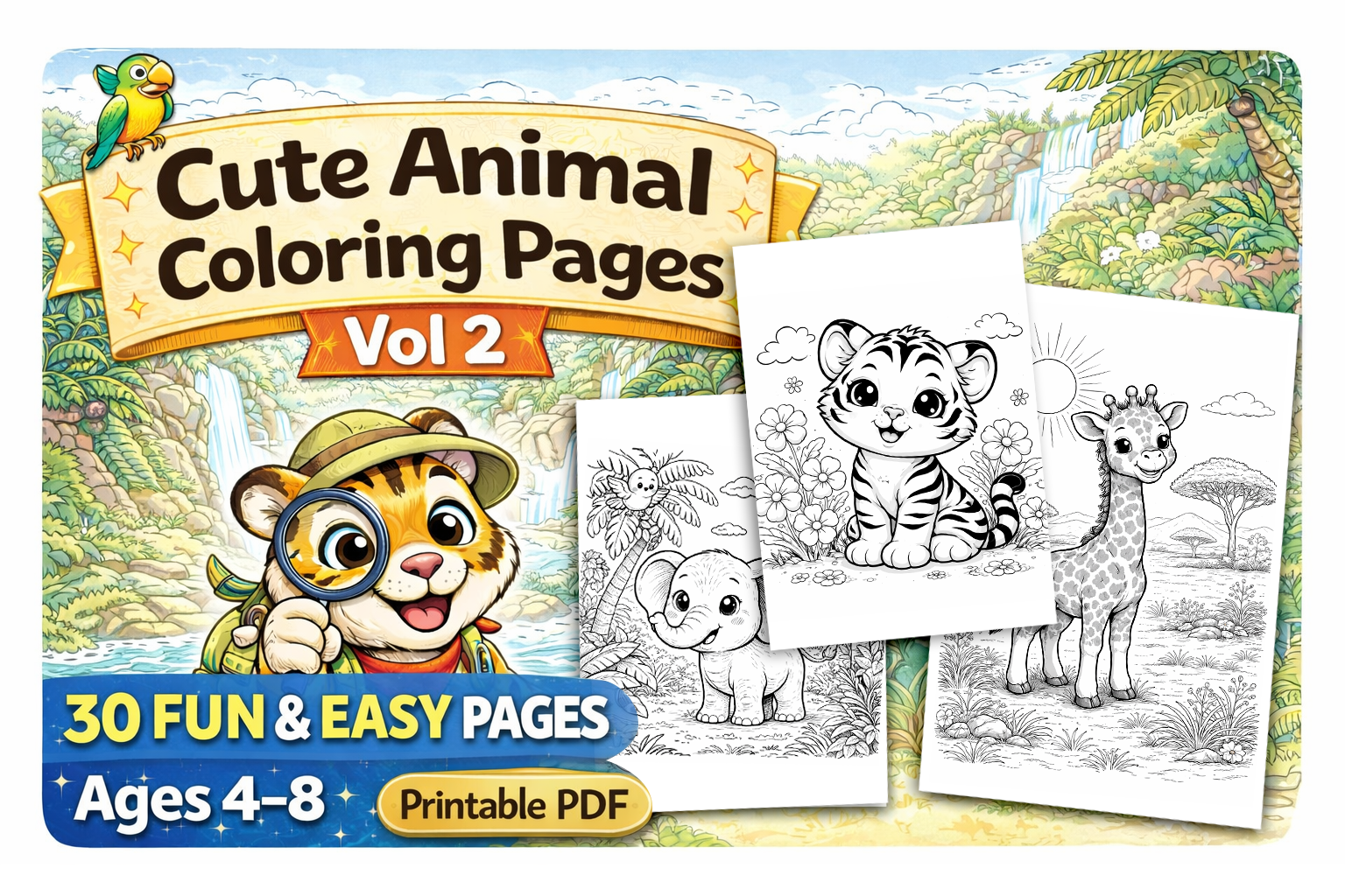 Cute Animal Coloring Pages Vol 2 for Kids Ages 4-8 | 30 Fun & Easy Pages | Printable PDF