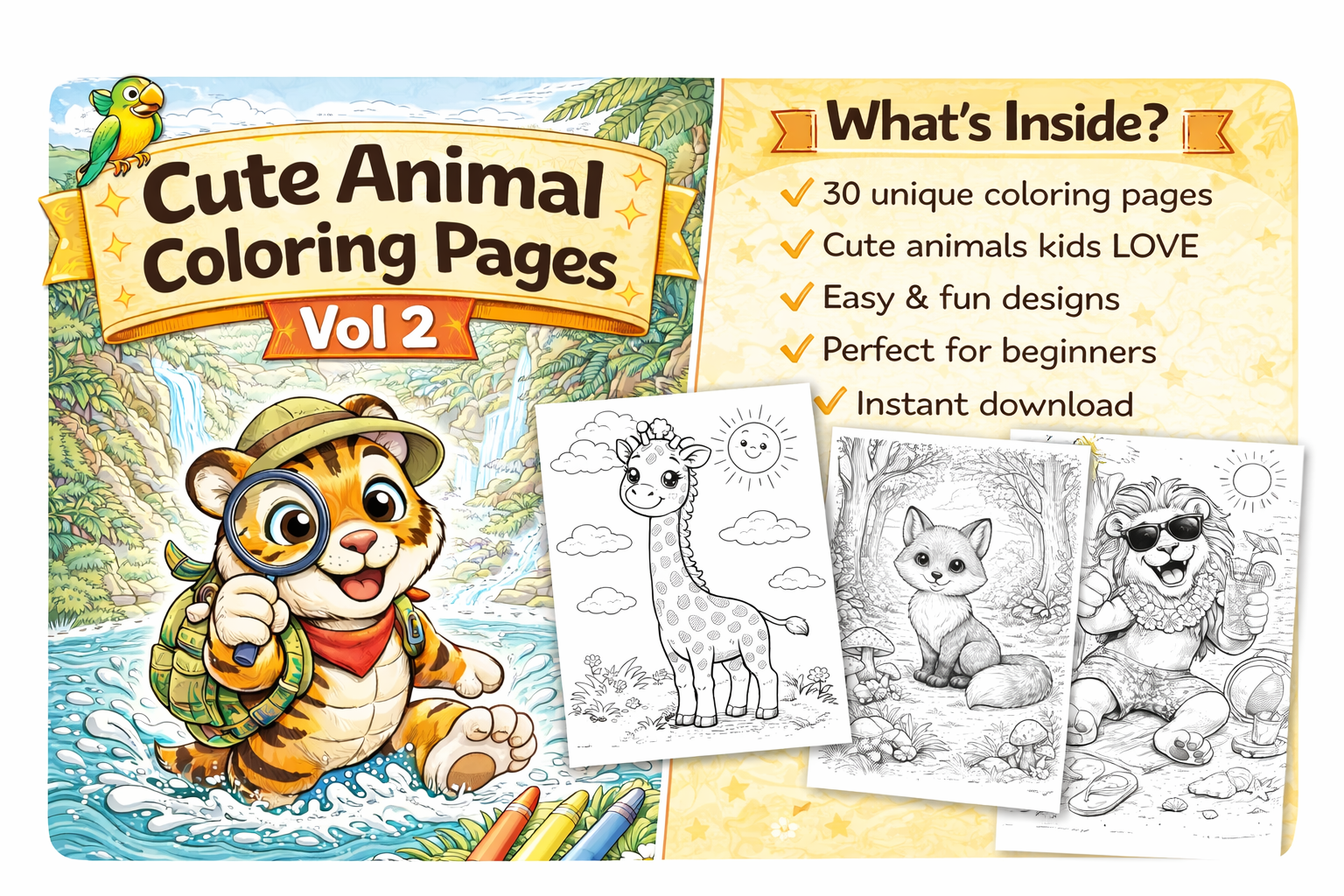 Cute Animal Coloring Pages Vol 2 for Kids Ages 4-8 | 30 Fun & Easy Pages | Printable PDF