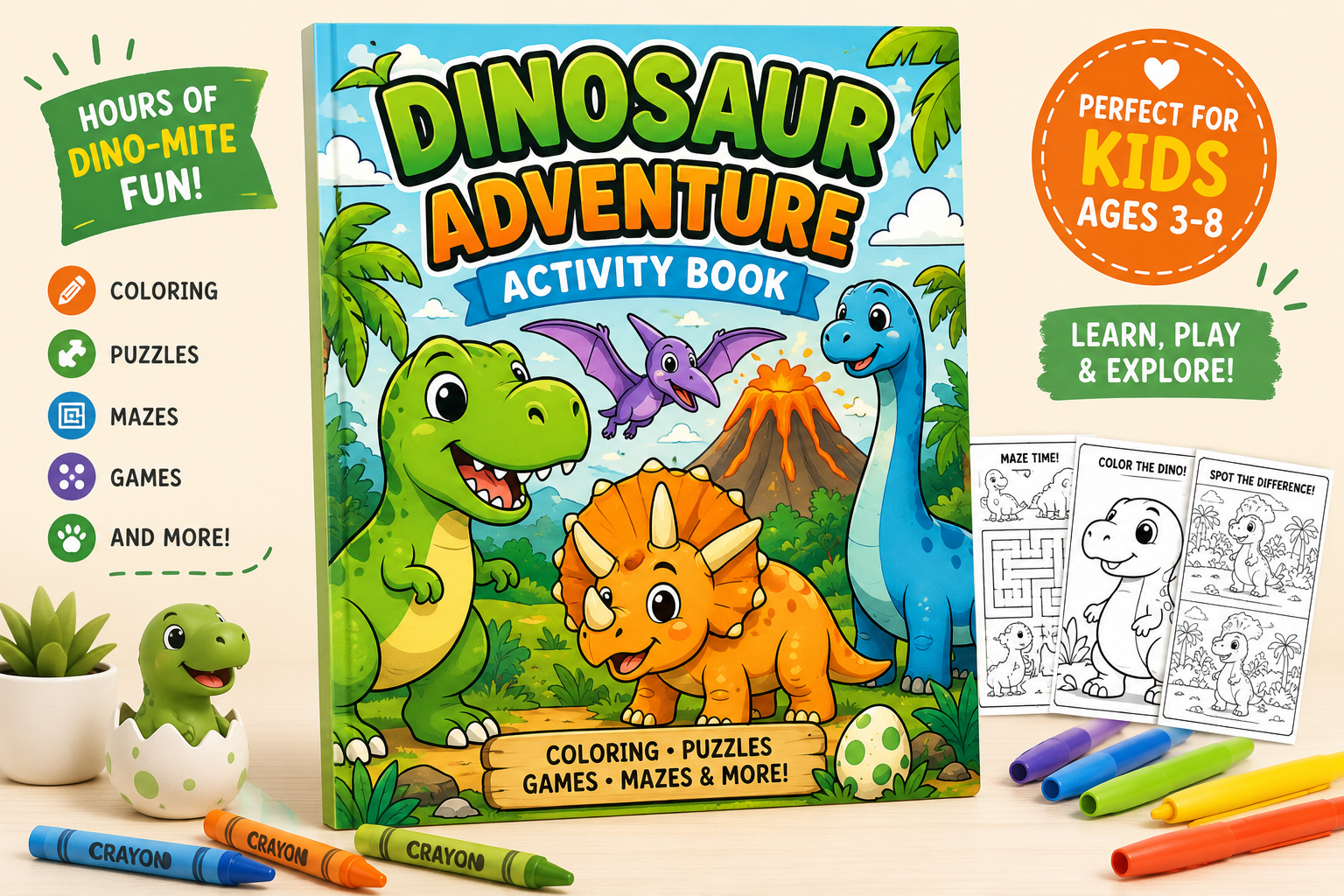 Dinosaur Coloring & Activity Book for Kids Ages 4-8 | 30 Printable Dino Games, Mazes, Tracing & Coloring Pages | Educational PDF