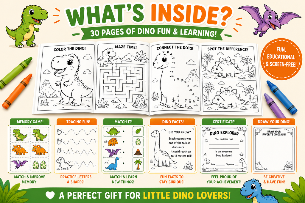 Dinosaur Coloring & Activity Book for Kids Ages 4-8 | 30 Printable Dino Games, Mazes, Tracing & Coloring Pages | Educational PDF