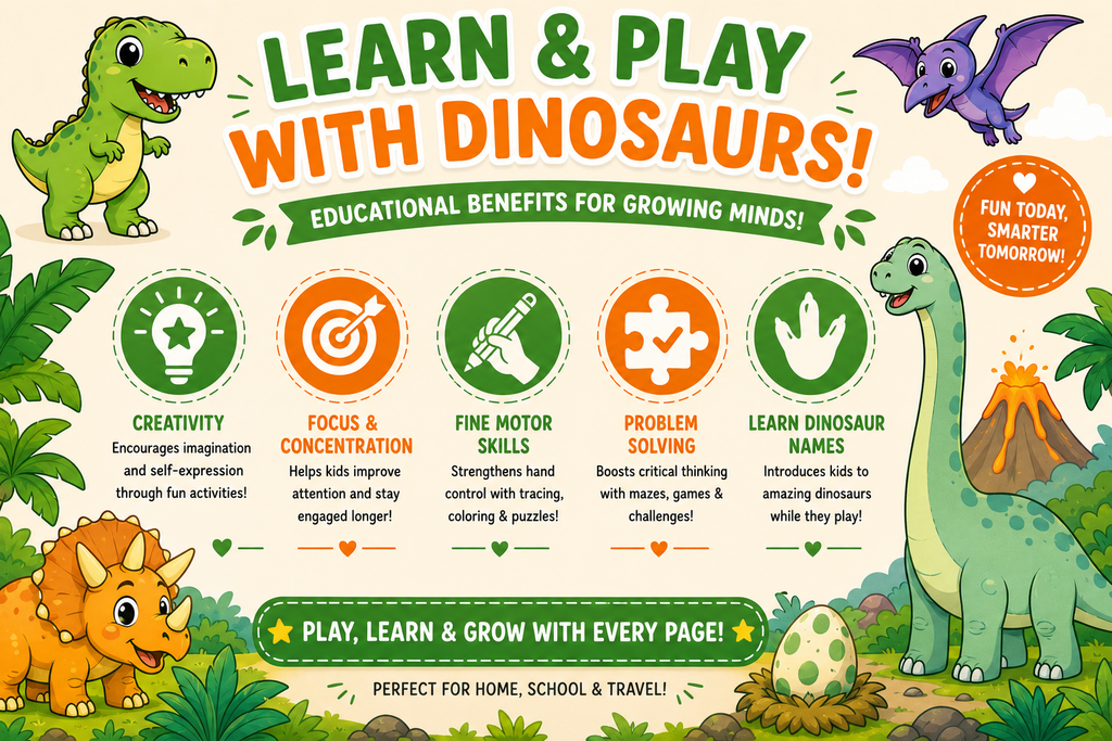 Dinosaur Coloring & Activity Book for Kids Ages 4-8 | 30 Printable Dino Games, Mazes, Tracing & Coloring Pages | Educational PDF