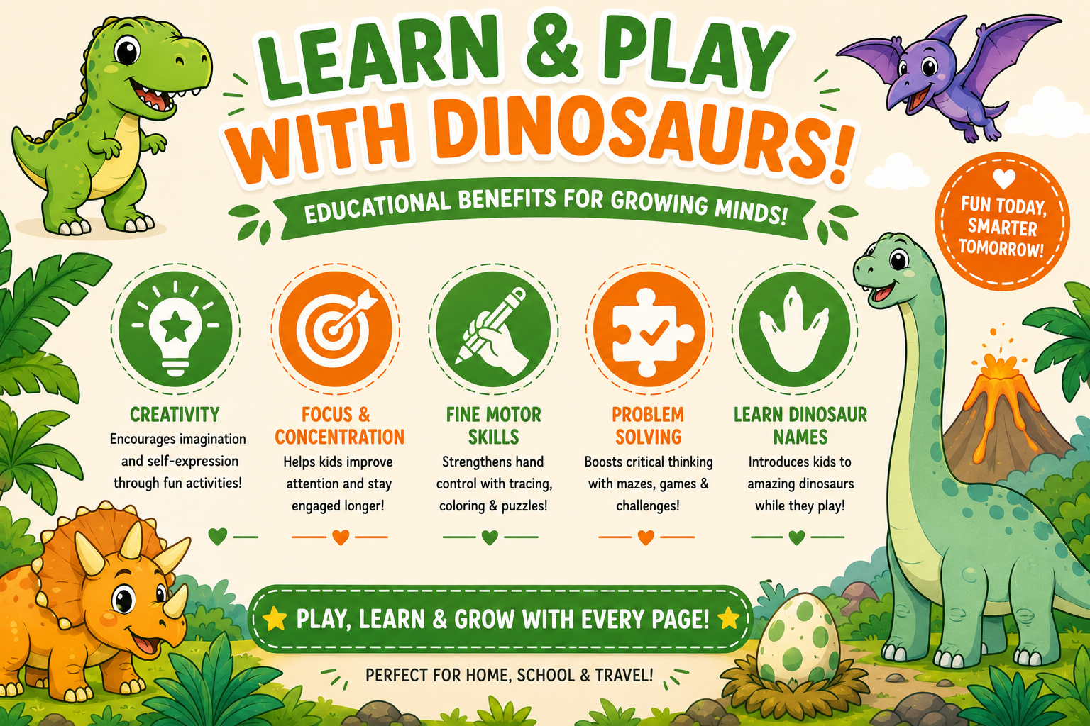 Dinosaur Coloring & Activity Book for Kids Ages 4-8 | 30 Printable Dino Games, Mazes, Tracing & Coloring Pages | Educational PDF