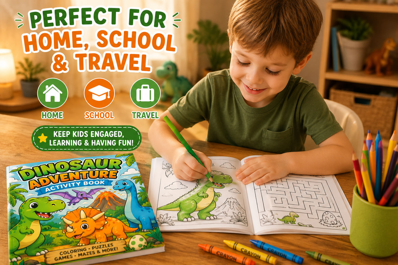 Dinosaur Coloring & Activity Book for Kids Ages 4-8 | 30 Printable Dino Games, Mazes, Tracing & Coloring Pages | Educational PDF