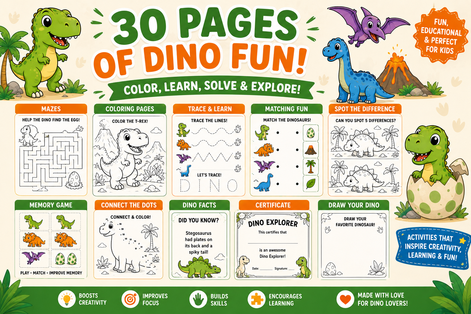 Dinosaur Coloring & Activity Book for Kids Ages 4-8 | 30 Printable Dino Games, Mazes, Tracing & Coloring Pages | Educational PDF
