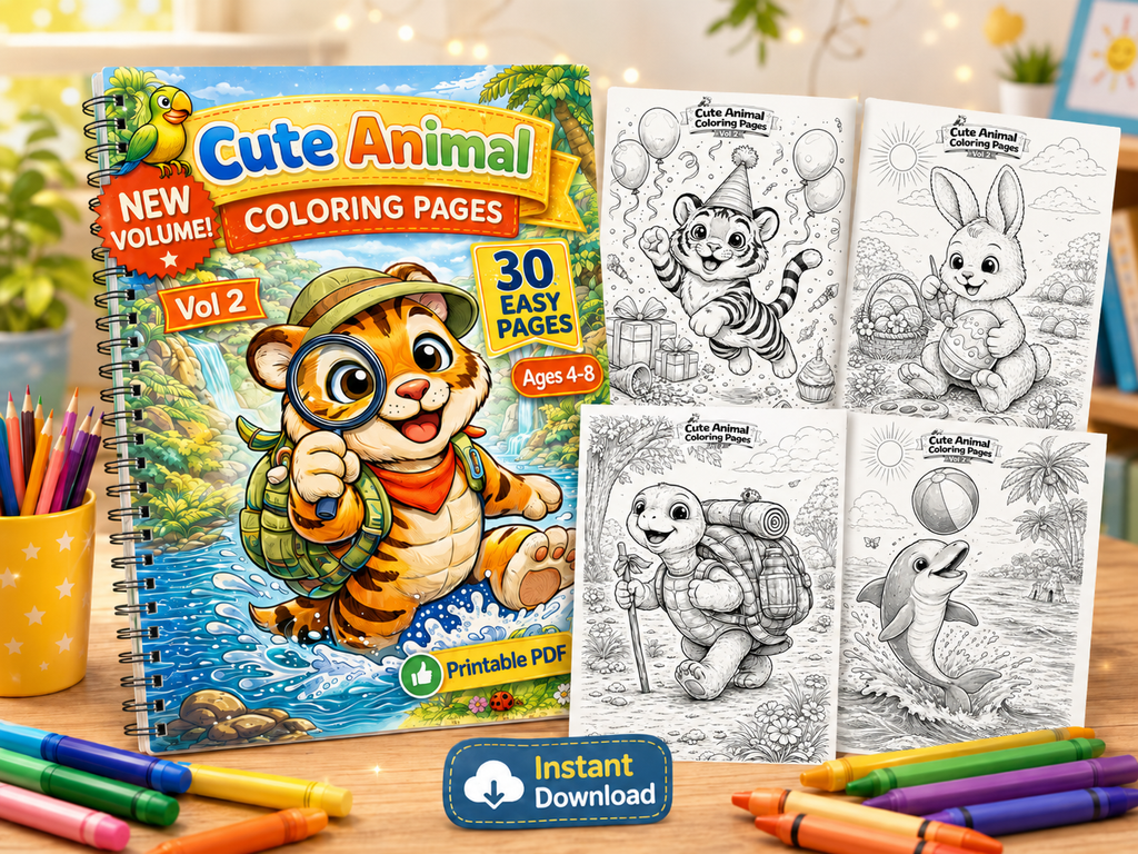 Cute Animal Coloring Pages Vol 2 for Kids Ages 4-8 | 30 Fun & Easy Pages | Printable PDF