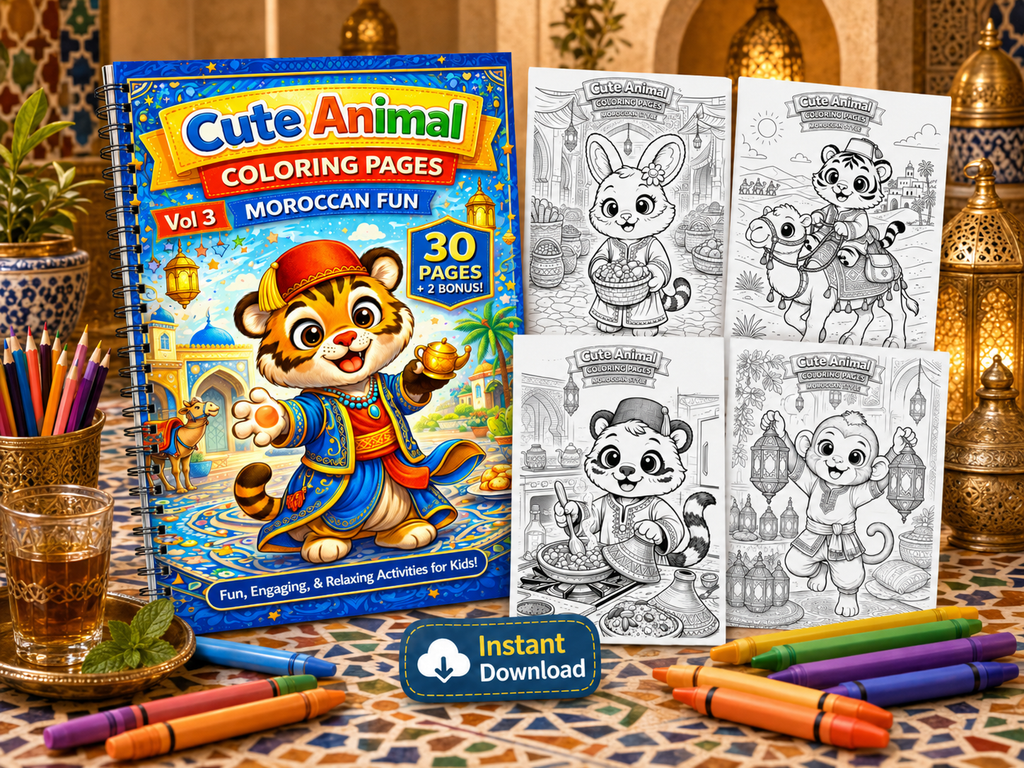 Cute Animal Coloring Pages Vol 3 for Kids Ages 4-8 | Moroccan Fun Coloring Book | 30 Easy Pages | Printable PDF