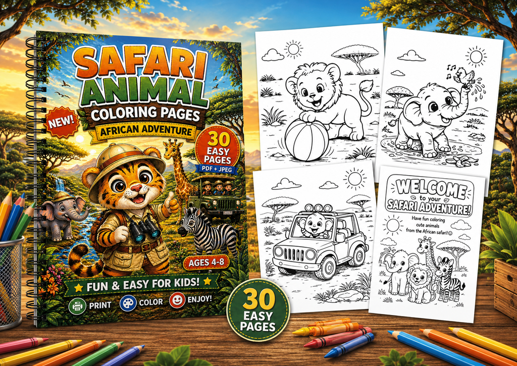 Safari Animal Coloring Pages for Kids | African Adventure Printable Coloring Book | 30 Easy PDF Pages