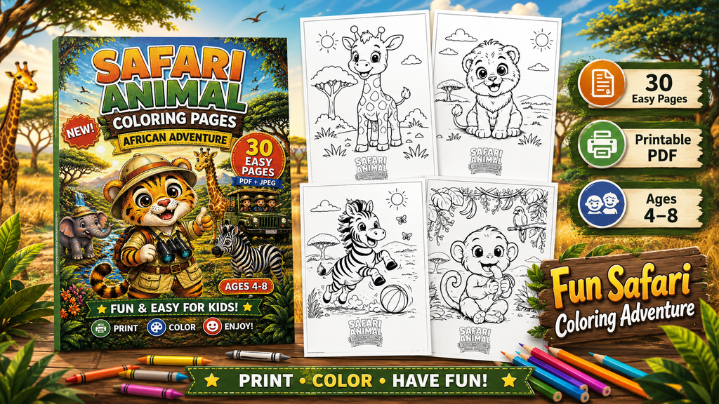 Safari Animal Coloring Pages for Kids | African Adventure Printable Coloring Book | 30 Easy PDF Pages