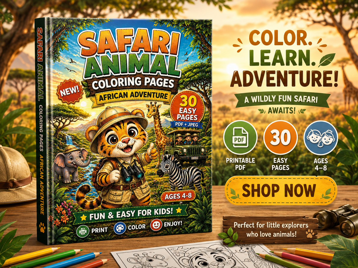 Safari Animal Coloring Pages for Kids | African Adventure Printable Coloring Book | 30 Easy PDF Pages